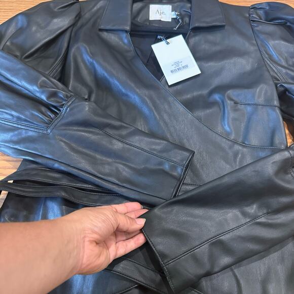 AJE. faux leather Idyllic Wrap Long sleeve Top in Color Black size 12 / Us 8 - Picture 15 of 16